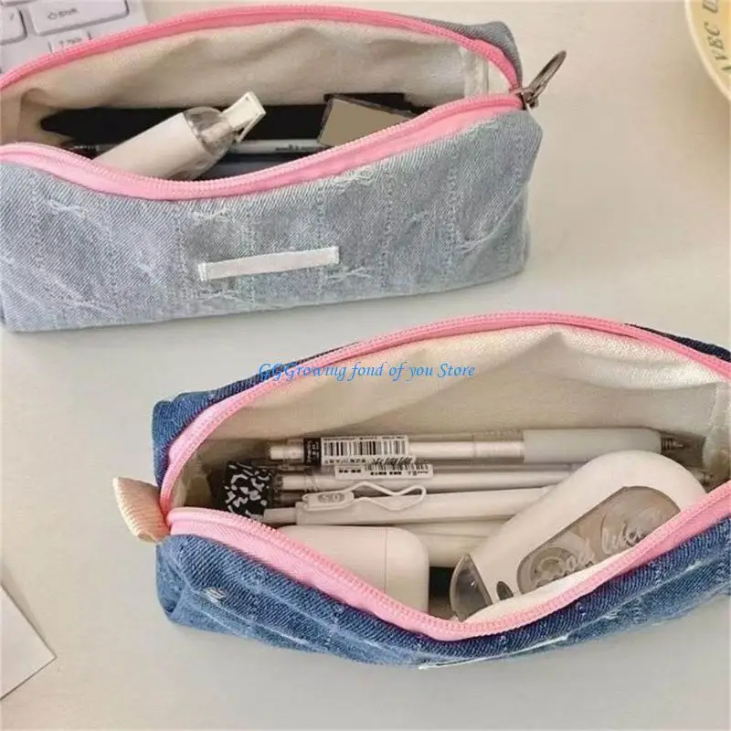 

H9EB Bowknot Jeans Pencil Case Large Pen Pouches Multipurpose Pencils Organiser Travel Cosmetic Bag for Office School Travel