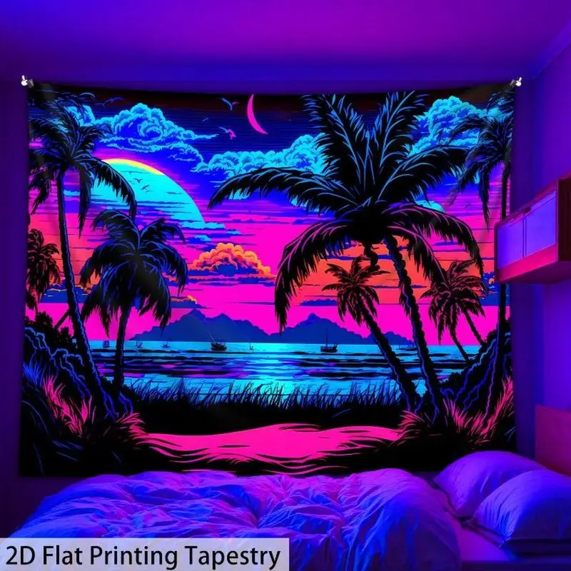 Retro Beach Palm Tree Tapestry Neon Ocean Sunset Polyester Wall Hanging UV Reactive Synthwave Aesthetic Bedroom Dorm Home Decor