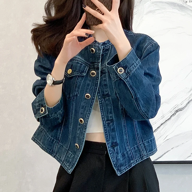 Vintage Women's O-Neck Denim Jacket Cropped Denim Jacket Long Sleeve Basic Single-Breasted Crop Jean Jacket Y2K Casual Coat Girl