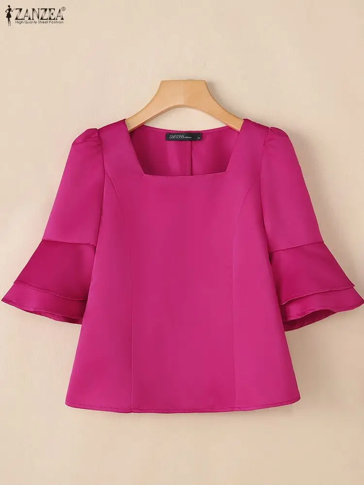 Frauen Satin Blusen Frühling 2026 Elegante Chic Square Neck Layered Ausgestellte Ärmel Solide Ausgestattet Taille Tops ZANZEA Frau Kleidung 3XL