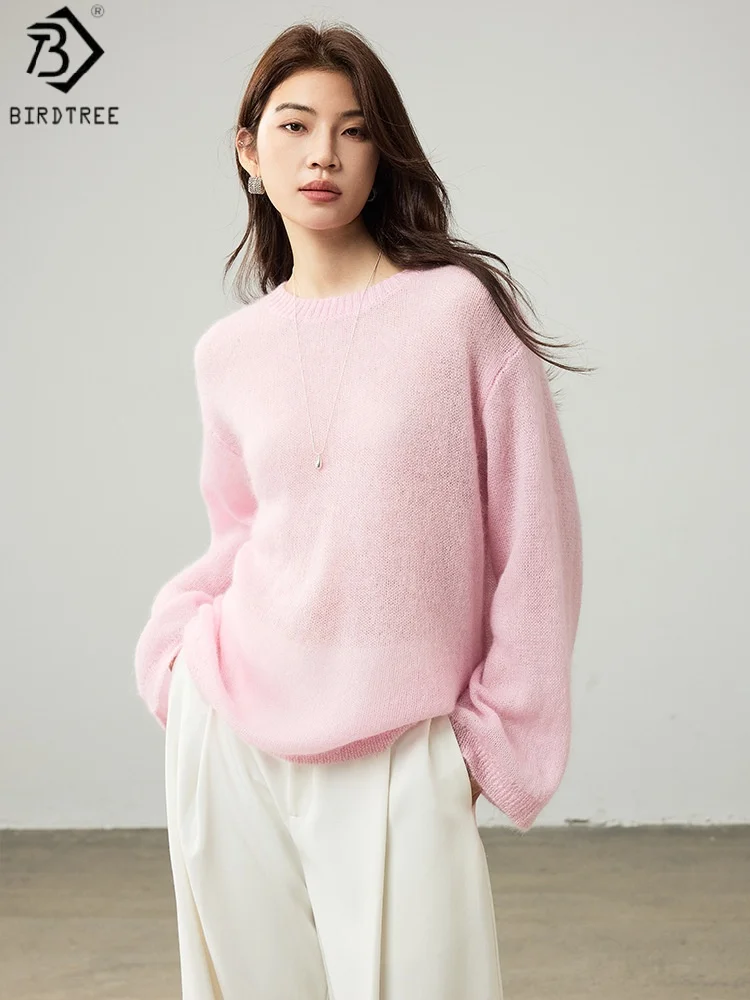 Birdtree 68.6% Wool Knited White Pink Sweater,Woman Wool Blend O-neck Full Sleeve 2025 Autumn Warmth Bottom Pullover T59413JF