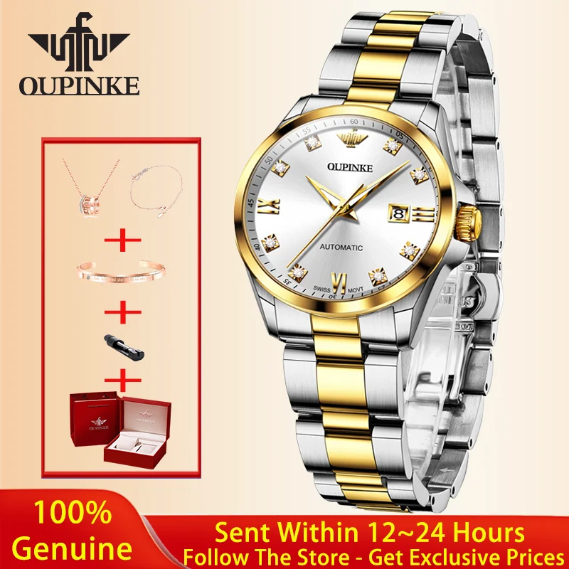 OUPINKE 3199 Real Diamond Swiss Movement Women Automatic Mechanical Watch High end Sapphire Mirror Luxury Women Dress Watch Set