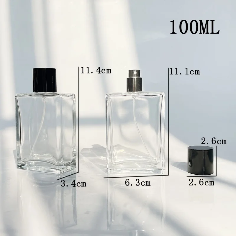 Perfume Bottle Empty Flat Square Clear 30ML 50ML 100ML 5pcs Cosmetic Packaging Black Cover Silver Mist Spray Glass Atomizer