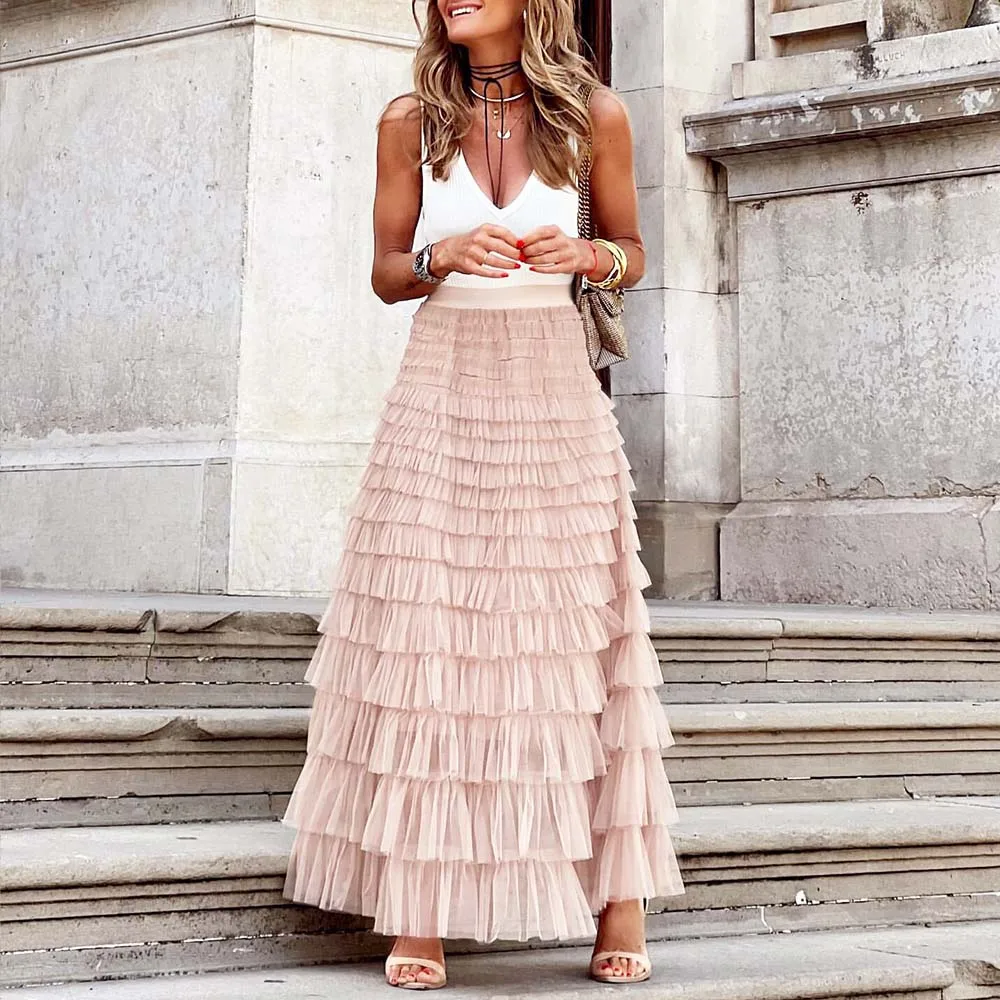 Casual Womens Solid Ball Gown Long Skirt Tulle High Waist Pleated Tutu Skirt Elegant Ladies Wild Mesh Dating Maxi Skirts Drop