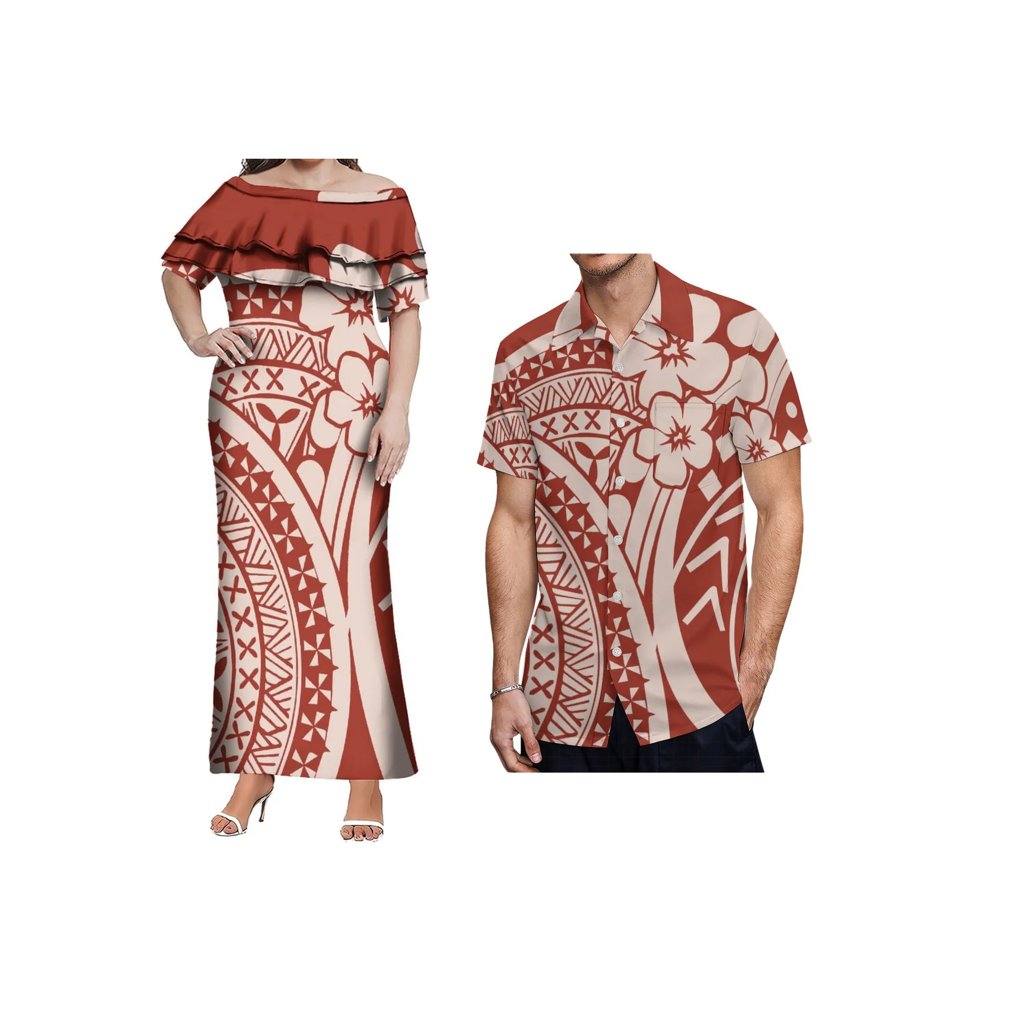 Personalizado plus size novo vestido polinésio senhoras dupla camada folho fora do ombro vestido samoan impressão design vestido de festa