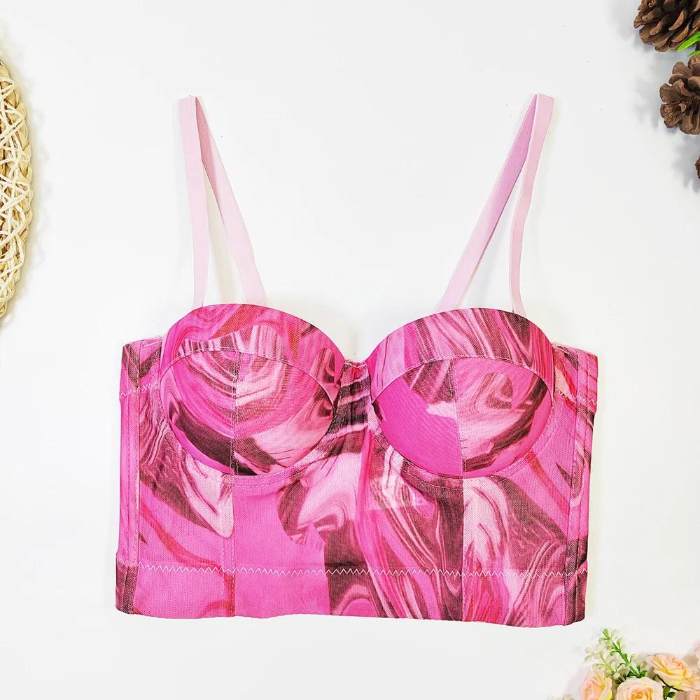 European and American Design Printing Bandeau Slim-Fit Breathable Stretch Mesh Camisole Vest Outer Wear Fishbone Corset