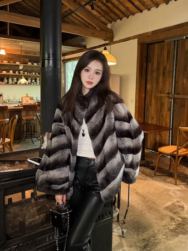New High Quality Real Natural Rex Rabbit Fur Coat for Women Long Sleeves Luxury Fur Coat Thick Warm Outerwear Female Jackets