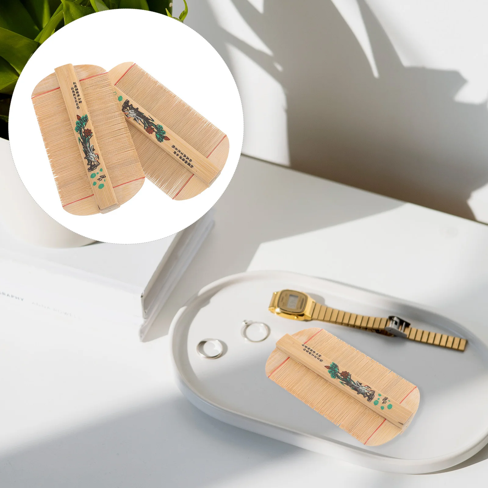 

2 шт. бамбуковая расческа для волос с плотными зубьями, двусторонняя расческа, универсальный парикмахерский инструмент для ухода за волосами, парикмахерский инструмент