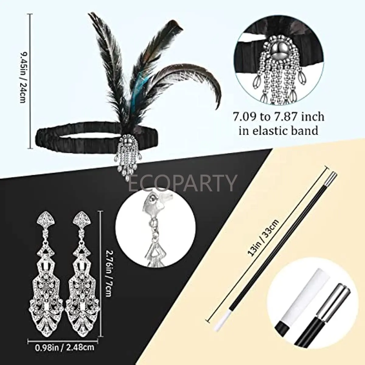 1920er Gatsby Kostüm Zubehör Set für Frauen Kopfschmuck Baumeln Ohrringe Handschuhe Schwarzer Perle Halskette Vintage Fächer 20