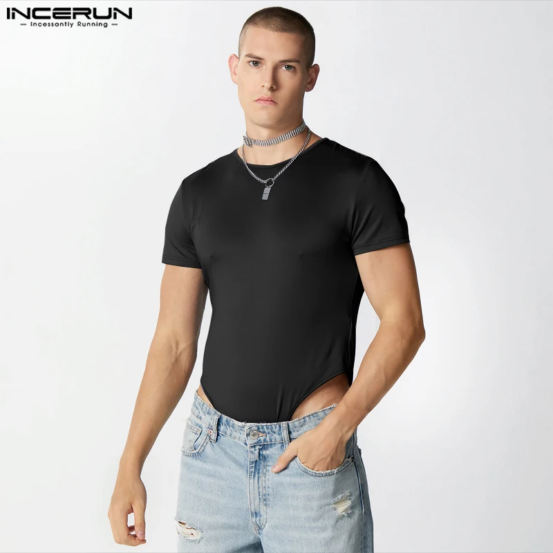 2023 Men Bodysuits Solid Color O-neck Short Sleeve Streetwear Fitness T Shirt Men Rompers Fashion Casual Bodysuit S-5XL INCERUN