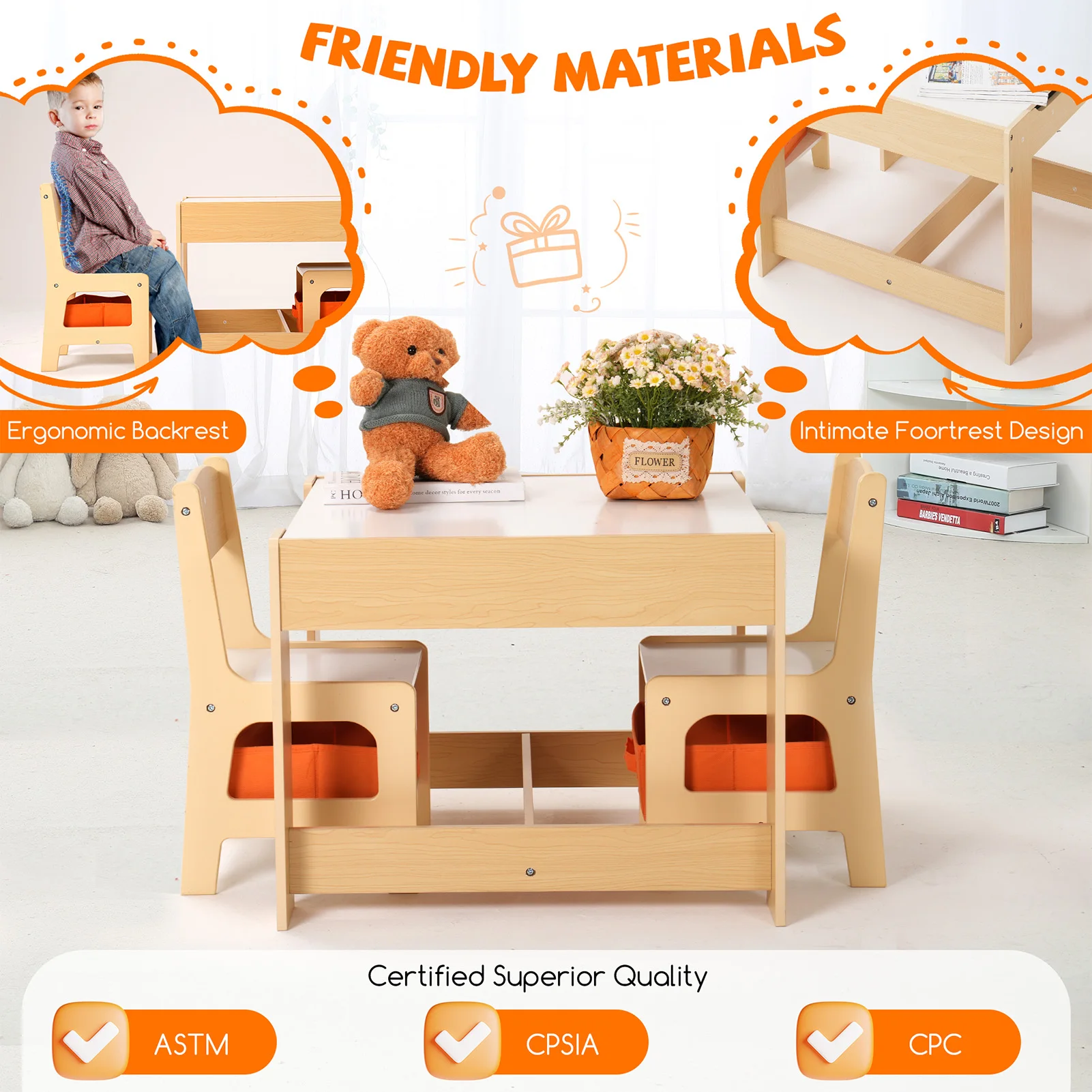 Kids Table and Chair Set with Storage, Adjustable Height Children's Activity Table for Drawing, Eating & Play - Foldable Toddler
