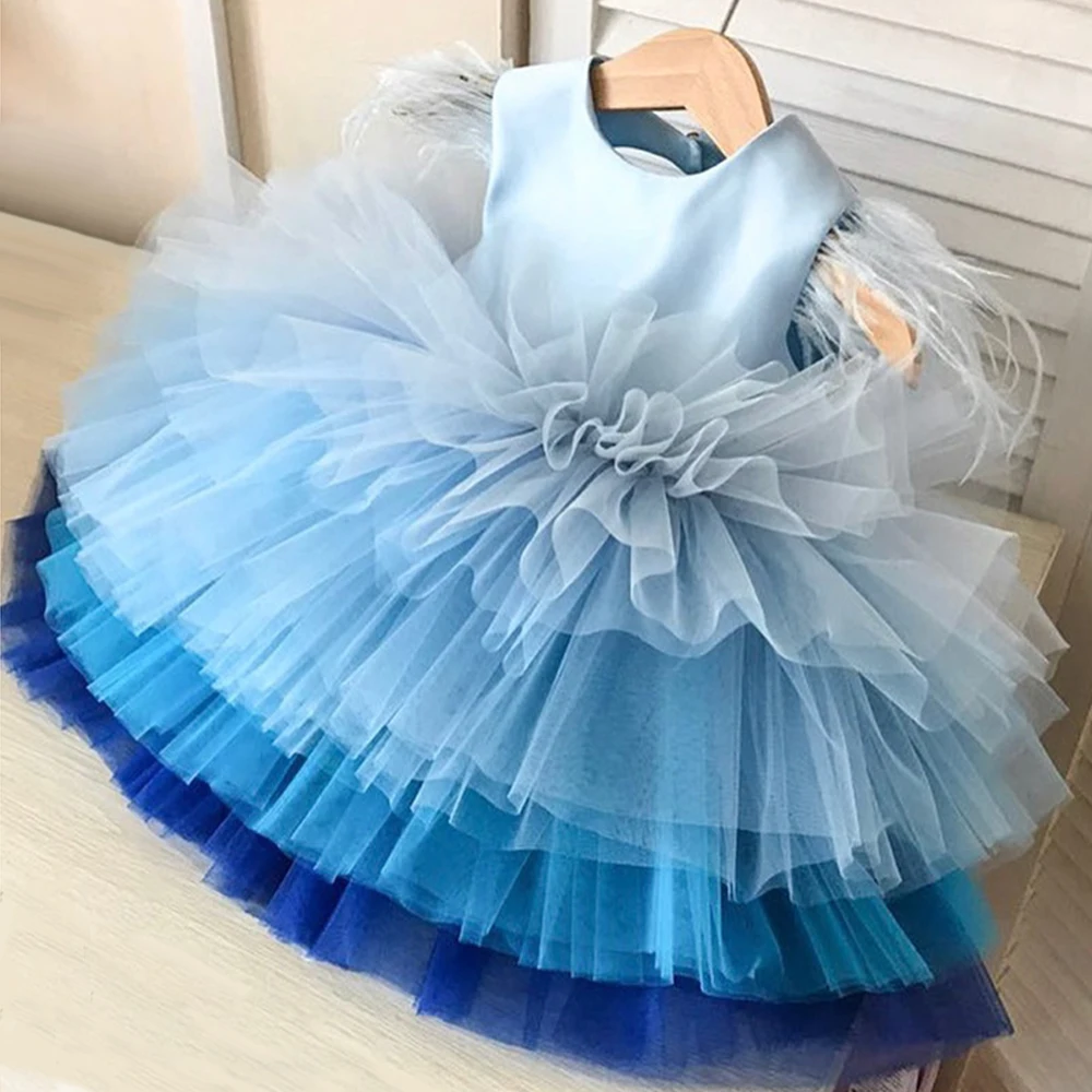 Classic Girl\'s Blue Pink Tiered Tulle Princess Birthday Party Dress with Feather for 1, 2, 3, 4, 5, 6,7,8,9,10,11,12Y Kids