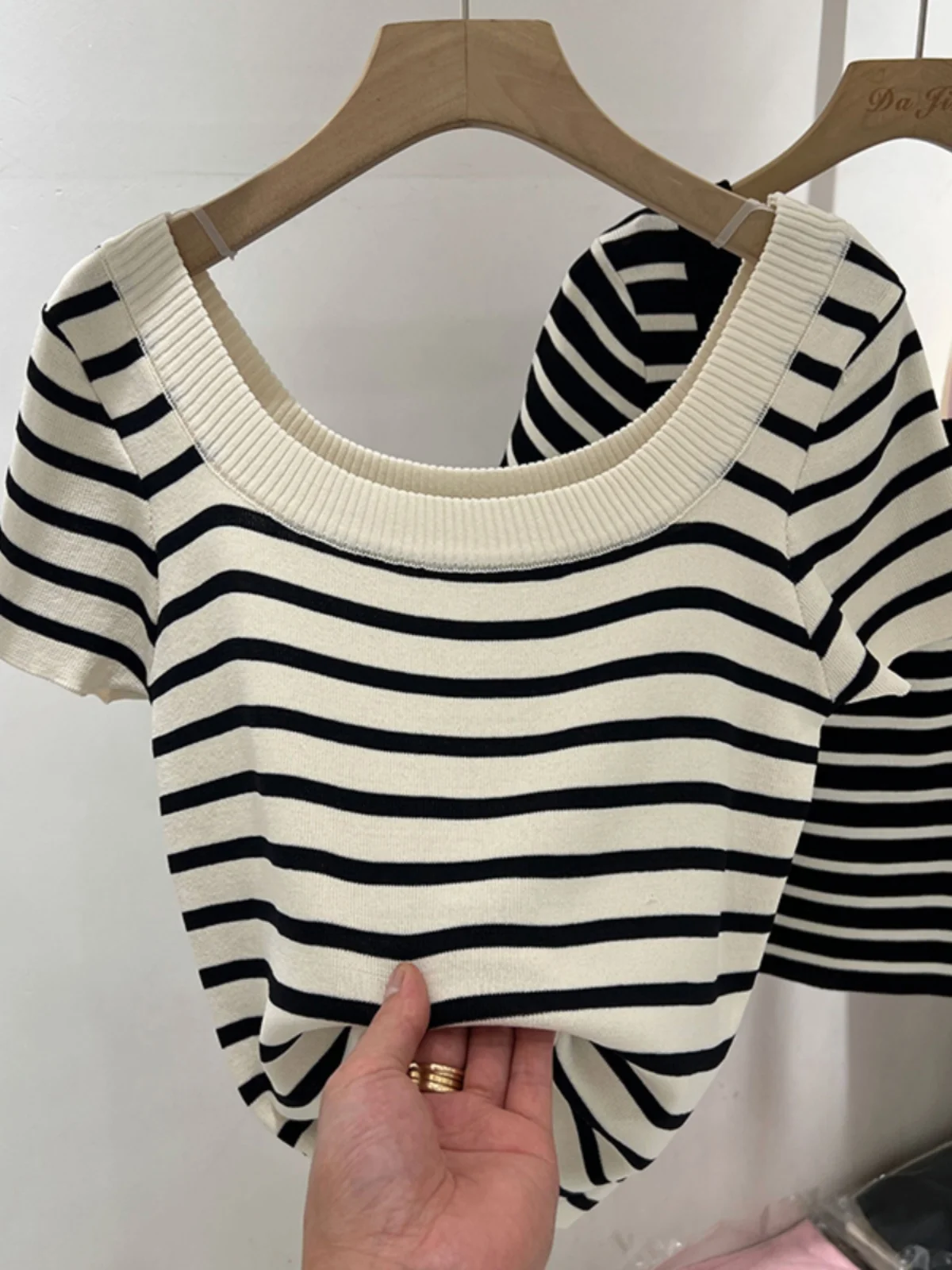 حجم كبير المرأة منخفضة مستديرة Ne الترقوة مخطط محبوك ort Sve تي شيرت الصيف ort عالية الخصر التخسيس