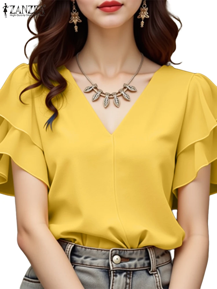 2025 ファッション夏のチュニックブラウスザンゼア女性 V ネックショートフリルスリーブトップス固体 Blusas エレガントなオフィスワークシャツオーバーサイズ