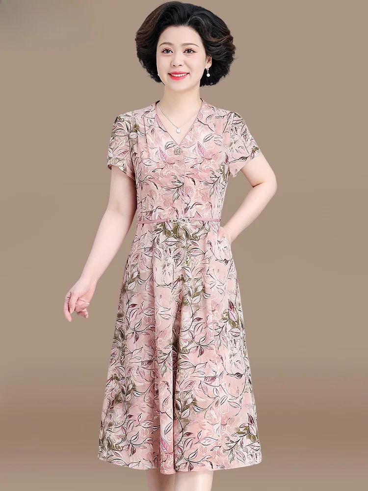 

Elegant Mommy Summer Dress 2026 New Style Midi Length Floral Print Short Sleeve Chiffon Skirt for Middle-Aged Women Fashionab...
