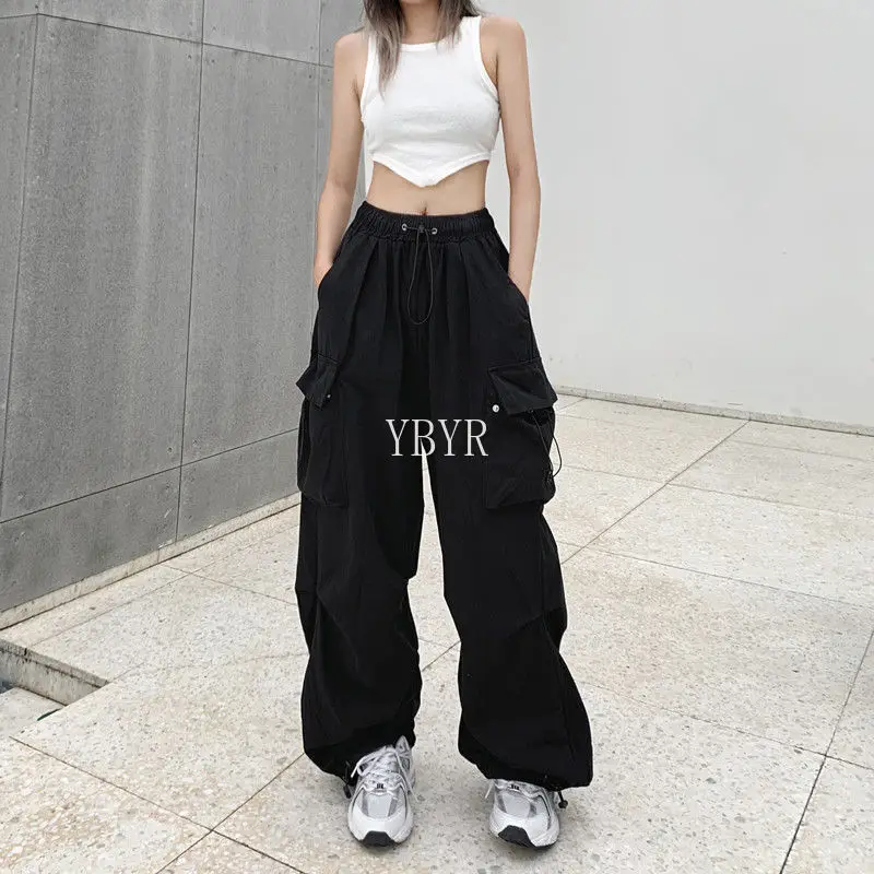 Women Parachute Cargo Pants Quick Dry High Waist Slouchy Pants with Large Pocket Sports Sweatpants for Female All Season Fashion