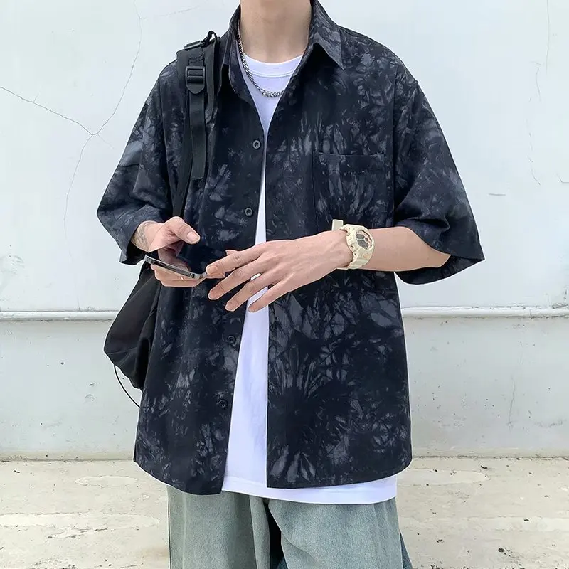 

Men's ort Sve irt Tie Dye Casual Thin Korean Sle Summer Faion Outerwear Printed Loose Fit Youth ular Pure Color