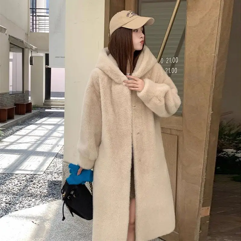 2026 Fashion X-long Mink Fur Coat Women's Winter Faux Fur Overcoat Thicken Hooded Jacket Streetwear Loose Velvet Fur Outerwear