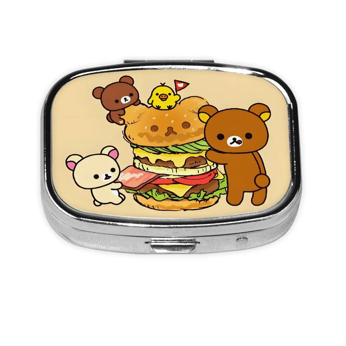 

Квадратная коробка для таблеток R-Rilakkumas на заказ, кавайная кукла Lazybear с мультяшным узором, маленький металлический контейнер для таблеток, аптечка, диспенсер