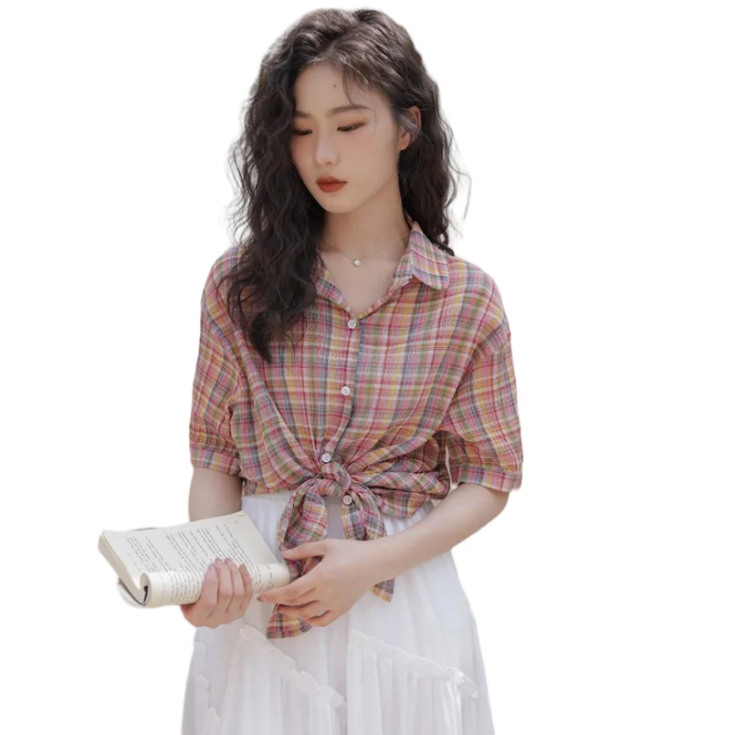 

Summer New Women Turn-down Collar Cotton Shirts Half Sleeves Vintage High Street Breathable Casual Fashion Coats Blouses
