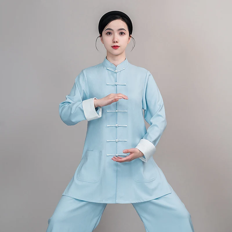 Unisex 2023 Spring Autumn Silk Linen Tai Chi Set - Contrast Button & French Cuff for Martial Arts Practice & Performance