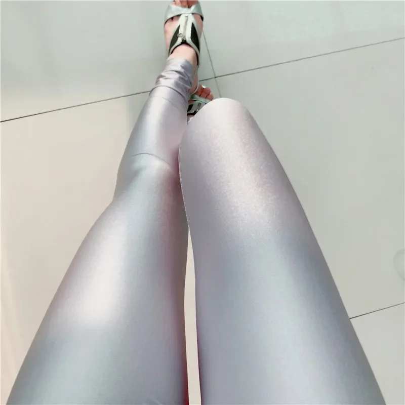 Sexy Ice Silk See Through Pencil Pants Fashion Oil Shiny Elastic Tights Push Up Slim Pants Yoga Summer Street Wear Skinny Candy