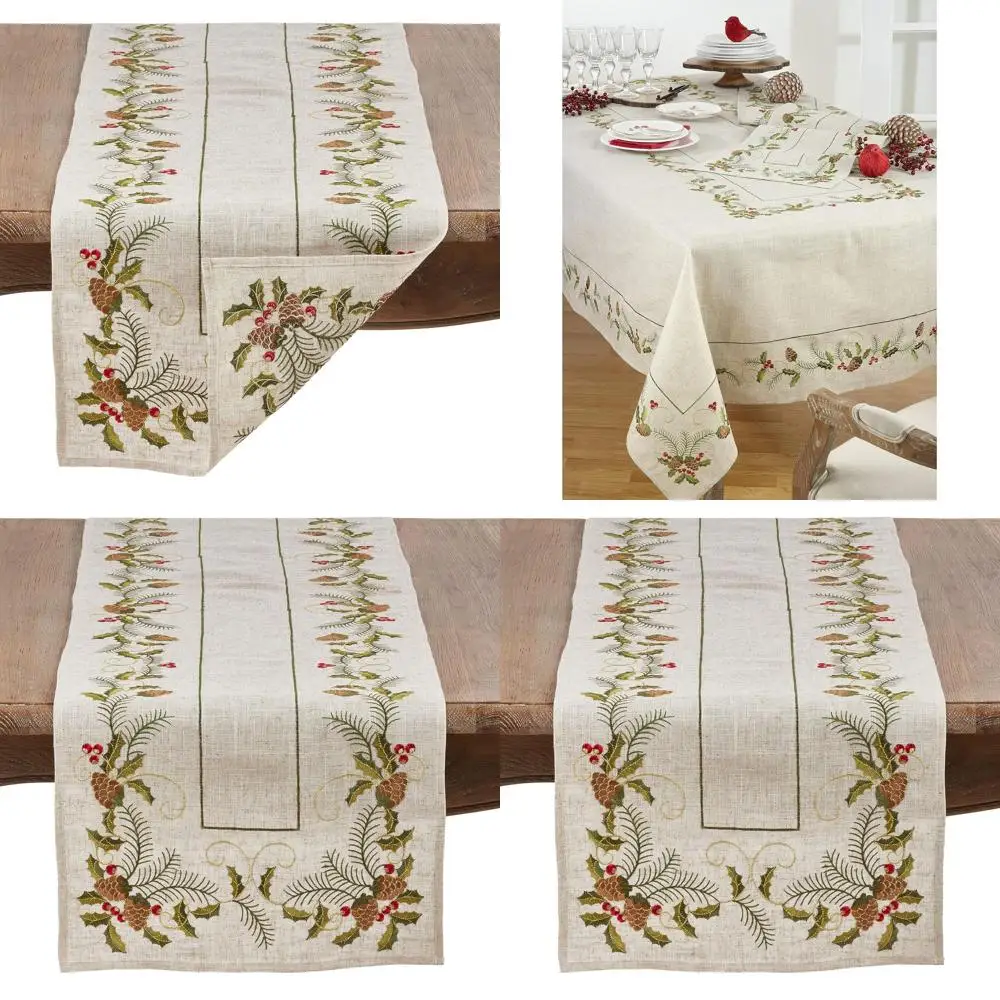 

Embroidered Pinecone & Holly 16 x 90 Natural Table Runner for Joyful Celebrations