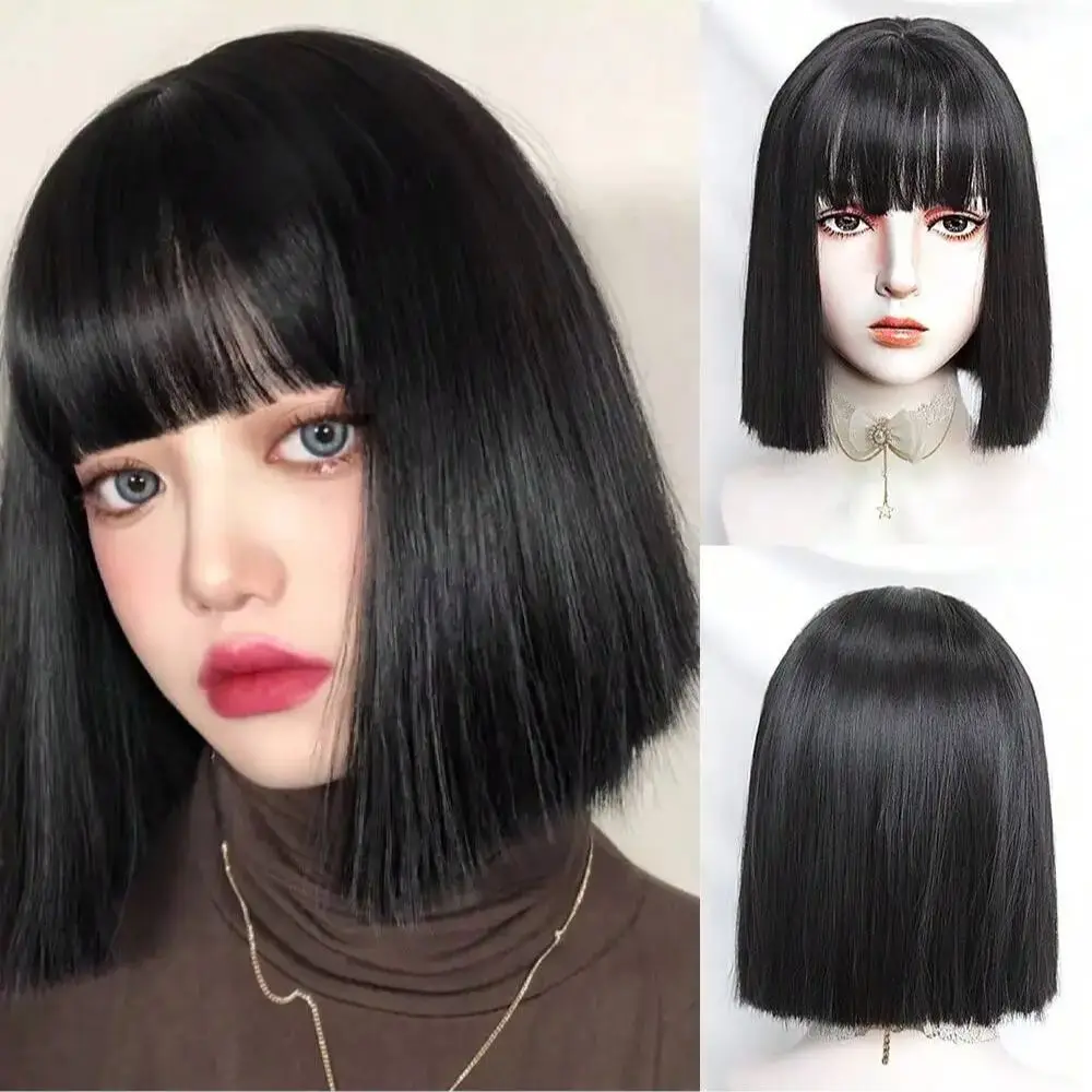 

MSIWIGS Bob Hair Черные короткие парики для женщин Прямой парик из синтетических волос с челкой Термостойкое волокно