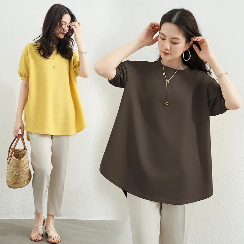 Summer New Bubble Sleeve T-shirt   Womens Casual Round Neck Oversized Slimming Top   High-Low Hem Basic Tee for Layering