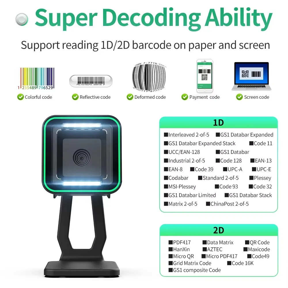 Desktop Wired USB 2D Barcode Scanner High Precision Fast Scanning QR Code Reader Plug And Play For Retail Store Supermarket POS