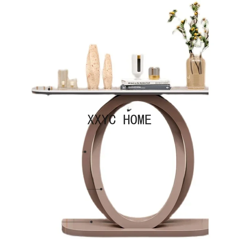 

Electroplating Brushed Stainless Steel Console Arc Stone Plate Narrow Aisle against the Wall Curio Cabinet Side View Table