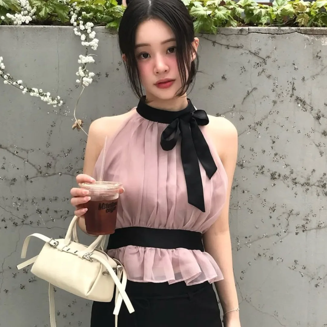 Ele Silk irt Women's Dongda Gate INS Sle Waist-Cinching Bowtie Svel Top Sweet French Sle round Ne Pure Color