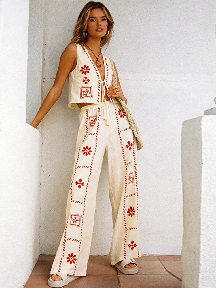 

Casual Women's Flower Printed Vest Trouser Suit Sleeveless V-Neck Lace Up Lady Sets 2025 Summer New Fashion 2 Pieces Set Women