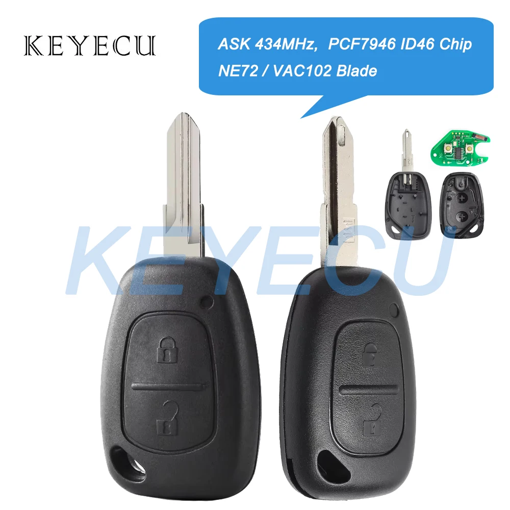 Keyecu 433MHz PCF7946 ID46 Chip 2 Buttons Remote Car Key Fob for Renault Traffic Master Vivaro Movano Kangoo 2003 2004 2005-2013