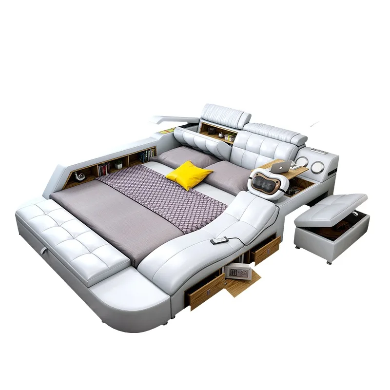 All In One Bed, Luxury Multifunctional Tech Smart Genuine Leather Bed, Tatami Ultimate Bed, Spacious King Size Bedroom Furniture
