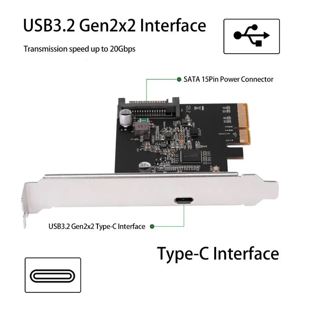 IOCREST PCIE3.0 To USB3.2 Type-c 20G Data Transfer and 20W Quick Charge USB-C controller Card pci-e to dual usb3.2 tc connector