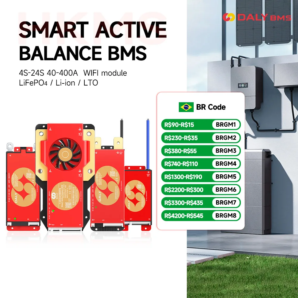 DALY 100 BMS balanceador ativo Lifepo4 4S 7S 8S 10S 16S 17S 24S 60A 100A 150A 300A BMS com balanceador ativo Bluetooth embutido WIFI RS485CANBUS bicicleta elétrica bateria de lítio