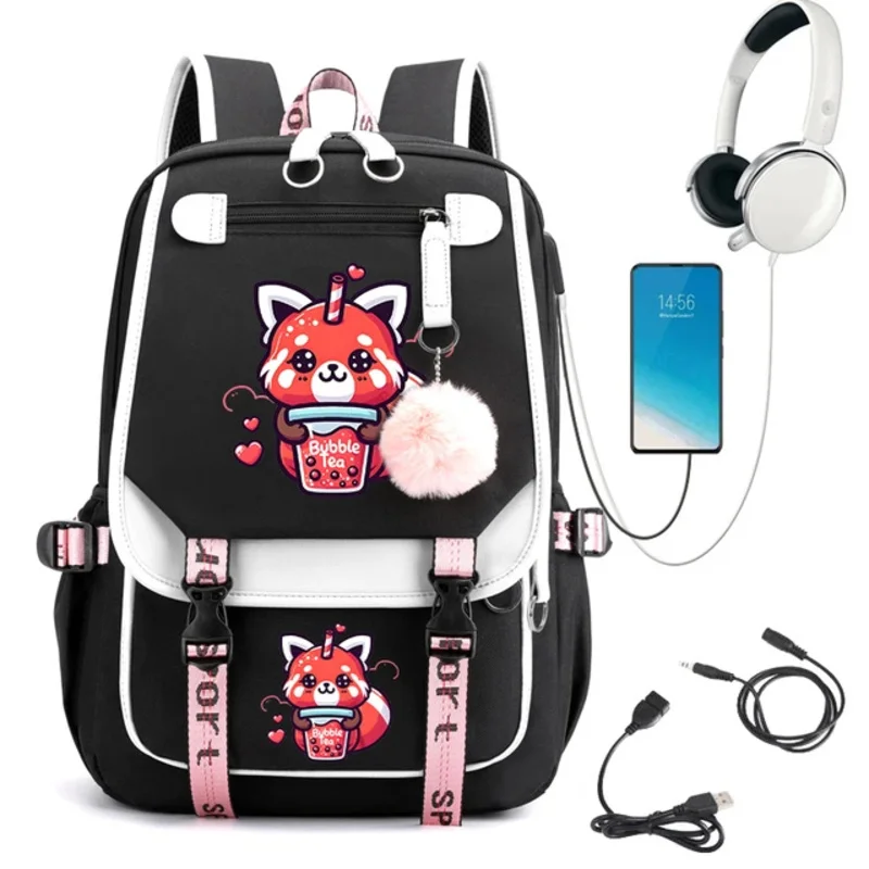 Mochila dos desenhos animados para meninas, Bookbag impermeável do anime, Daypack USB, amor animal, chá da bolha, Schoolbag para crianças