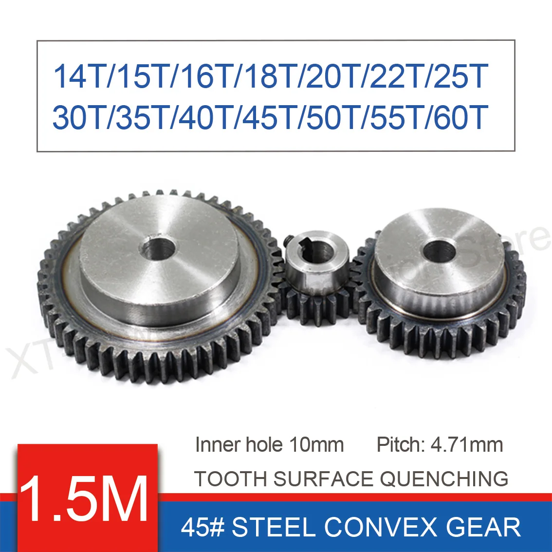 

1Pcs 1.5M Hole 10mm 45# Steel Convex Gear 14-60T Tooth Pitch 4.71mm Surface Quenched Spur Gear Keyway 4mm Precision Transmission