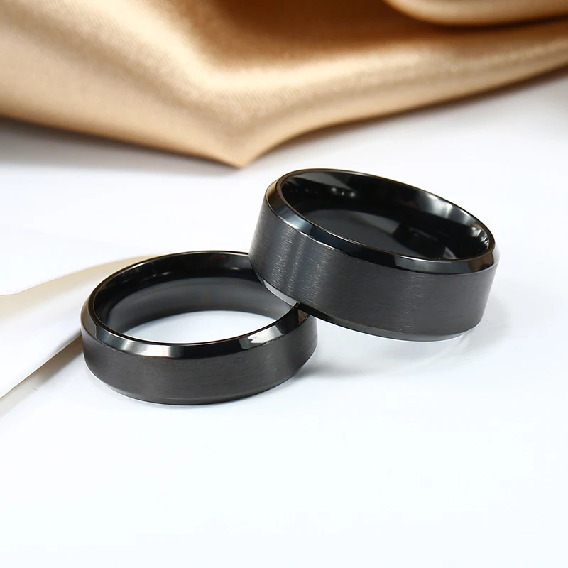 Anéis pretos clássico anel de aço inoxidável noivado casamento bandas para homens feminino casal preto prata cor moda jóias 8/6mm