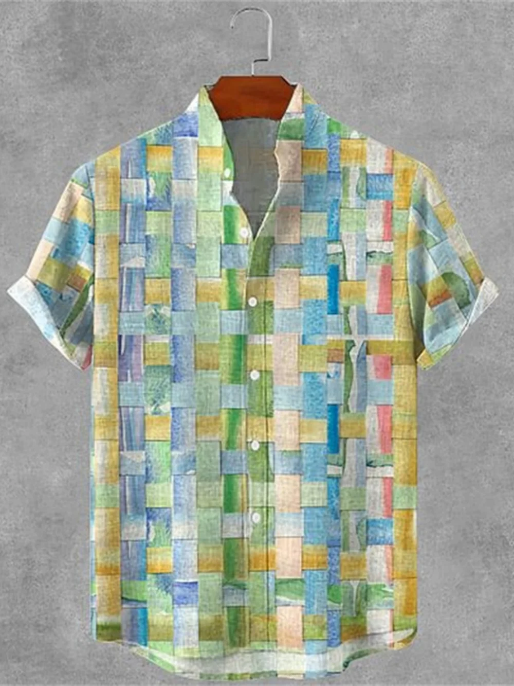 

Men's Stand up Collar Checkered 3D Printed Short Sleeve Linen Shirt Breathable Daily Beach Vacation Top Fast Delivery