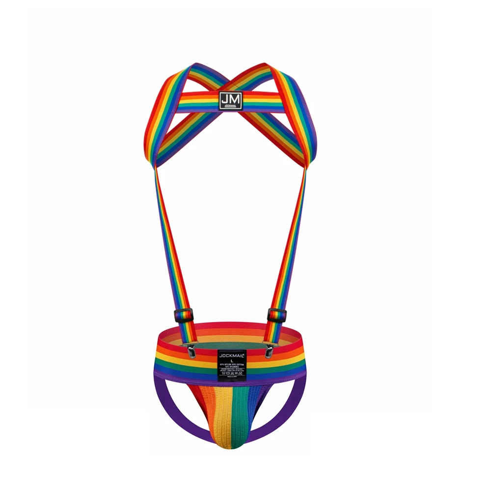 

Rainbow Colors Body Harness Adjustable Elastic Strap Collocation 3" Wide Band Athletic Supporters Jockstrap Men Gay Underwear
