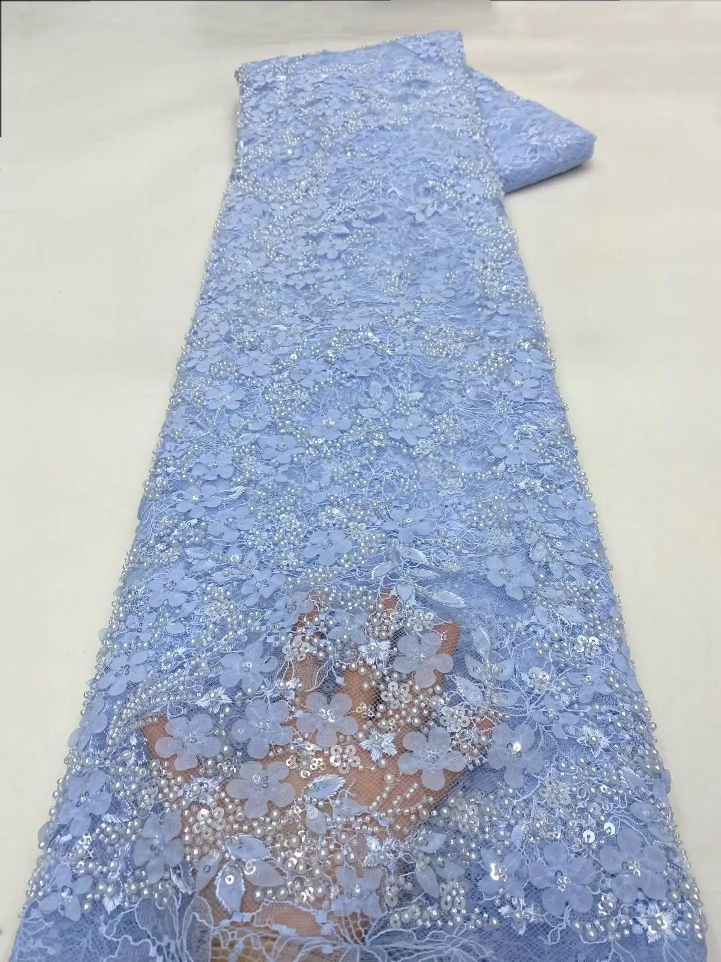 African Lace Fabric 2026 French 3D Flower Sky blue Sequins Embroidery Beads Tulle 5 Yards High Quality for Party Dress