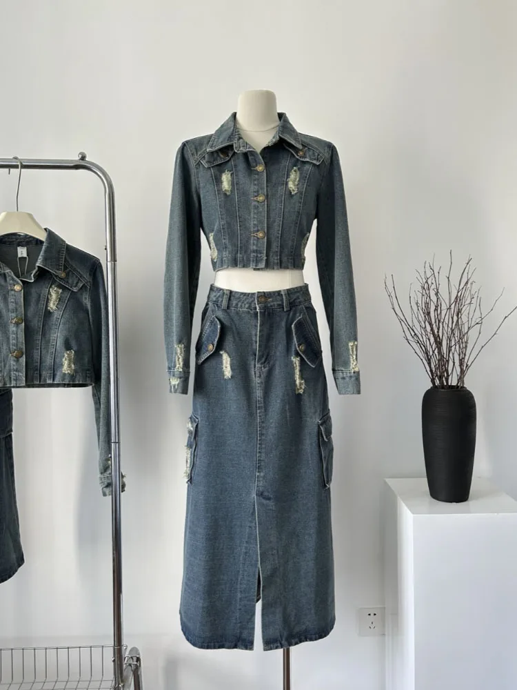 

Women's Streetwear Ripped Skirt Blue Sets Fashion Vintage Design Denim Suit Women's Aesthetics Commuter Suit