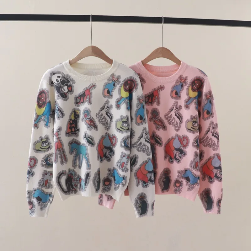 Women's Sweater Animal Print Streetwear Sweater Women Y2K Clothes Harajuku Anime Graphic Pullover Sweater Gothic Print Jumper