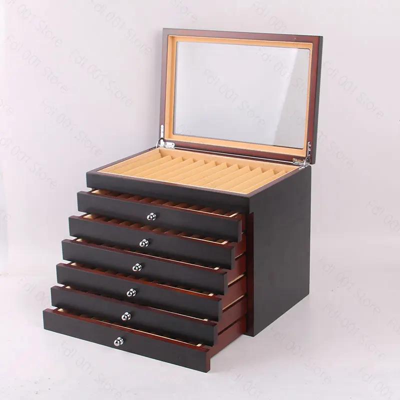Black/ Burgundy Wooden Pen Display Storage Case, 78 Pens Capacity
