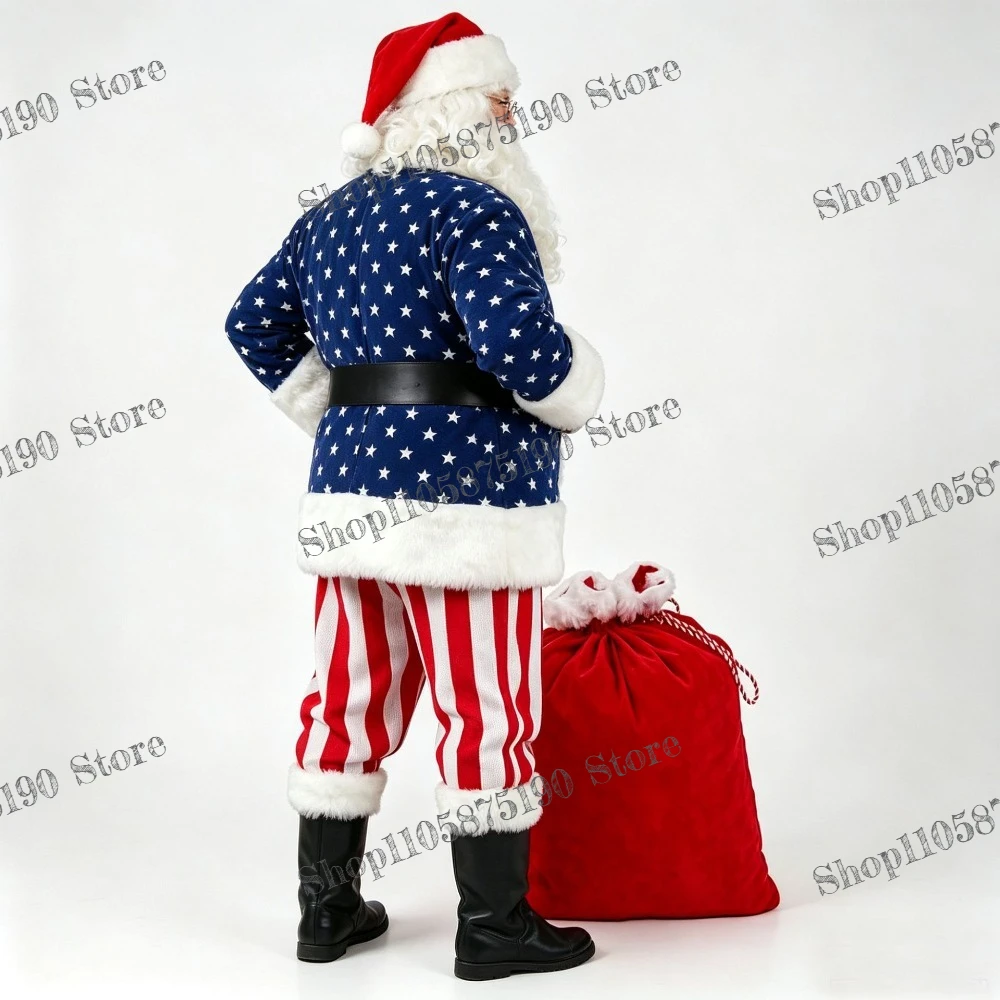 Santa Claus Deluxe Costume Star and Stripes Top Pant Wig Full Set For Christmas Carnival Holiday Stage Performance Outfits