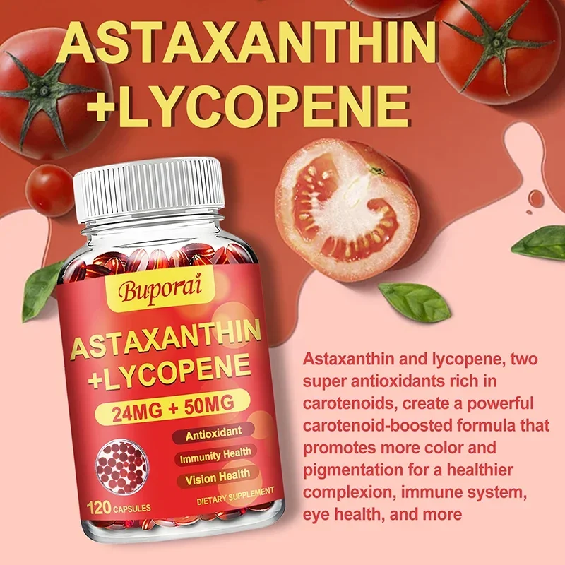 

Astaxanthin + Lycopene Capsules - Delay Aging, Anti-oxidation, Maintain Skin Elasticity and Radiance, Protect Eyesight Vegan