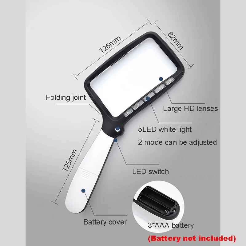 Imagem -05 - Lupa Dobrável com Luz Led Lupa de Leitura Lupa de Mão para Idosos Livros Infantis Modos Regulável Leds