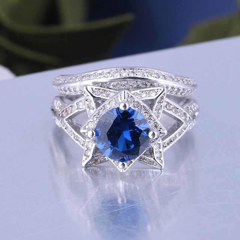 

Modern Jewelry Big Silver Fashion Rings Cluster Big Blue Stone for Girls